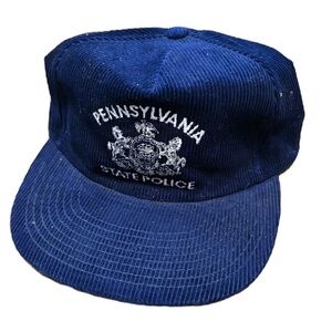 Vintage 80s PENNSYLVANIA STATE POLICE CORDUROY SNAPBACK Hat Blue Trucker